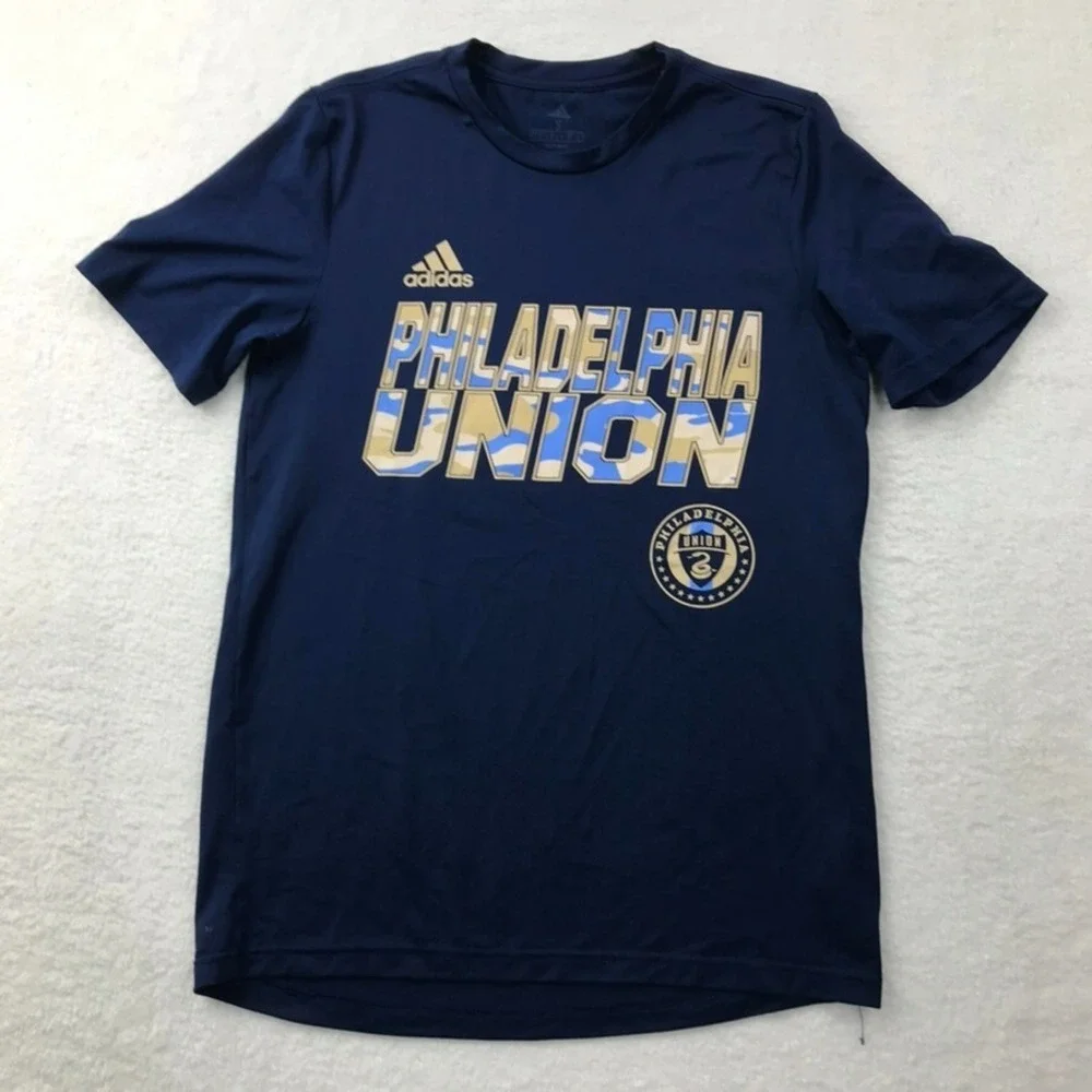 Philadelphia Union Shirt Mens Small Blue Adidas Performance Camo Logo Snake MLS